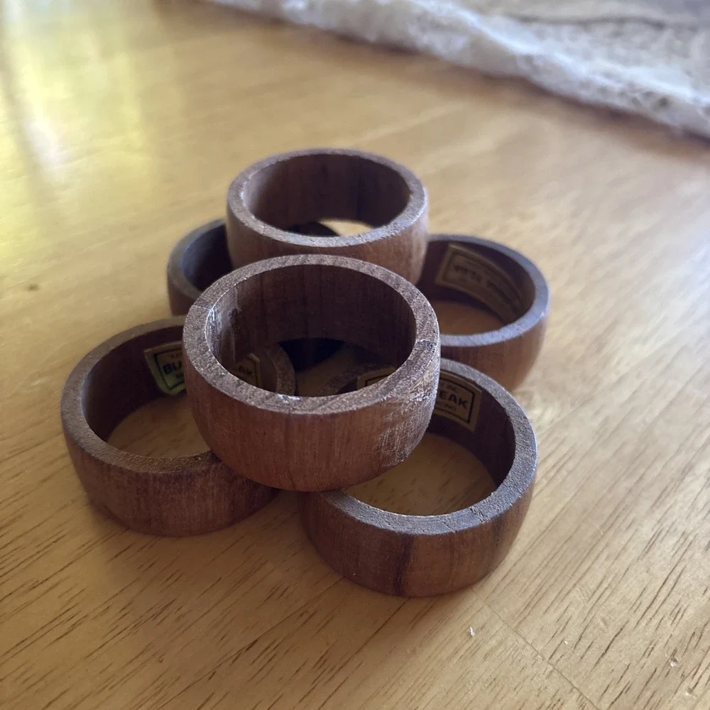 Kemp & Beatley Inc. 6 Burma Teak Round Wood Napkin Ring Holders Vtg Hong Kong